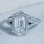 Halo Split Shank Emerald Engagement Ring