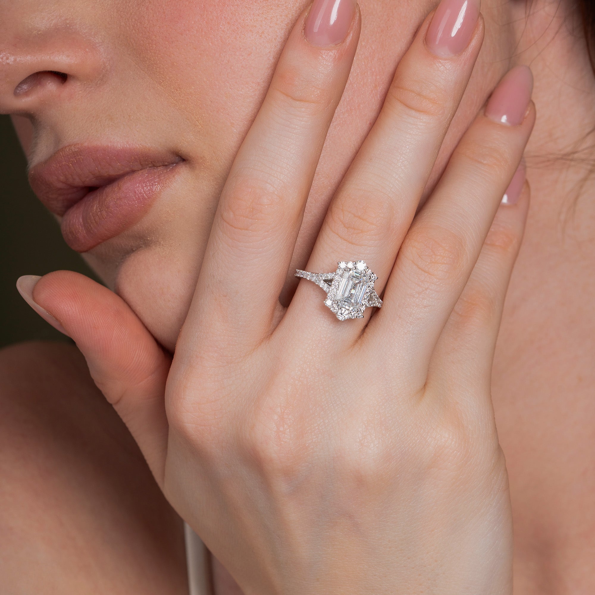 Halo Split Shank Emerald Engagement Ring