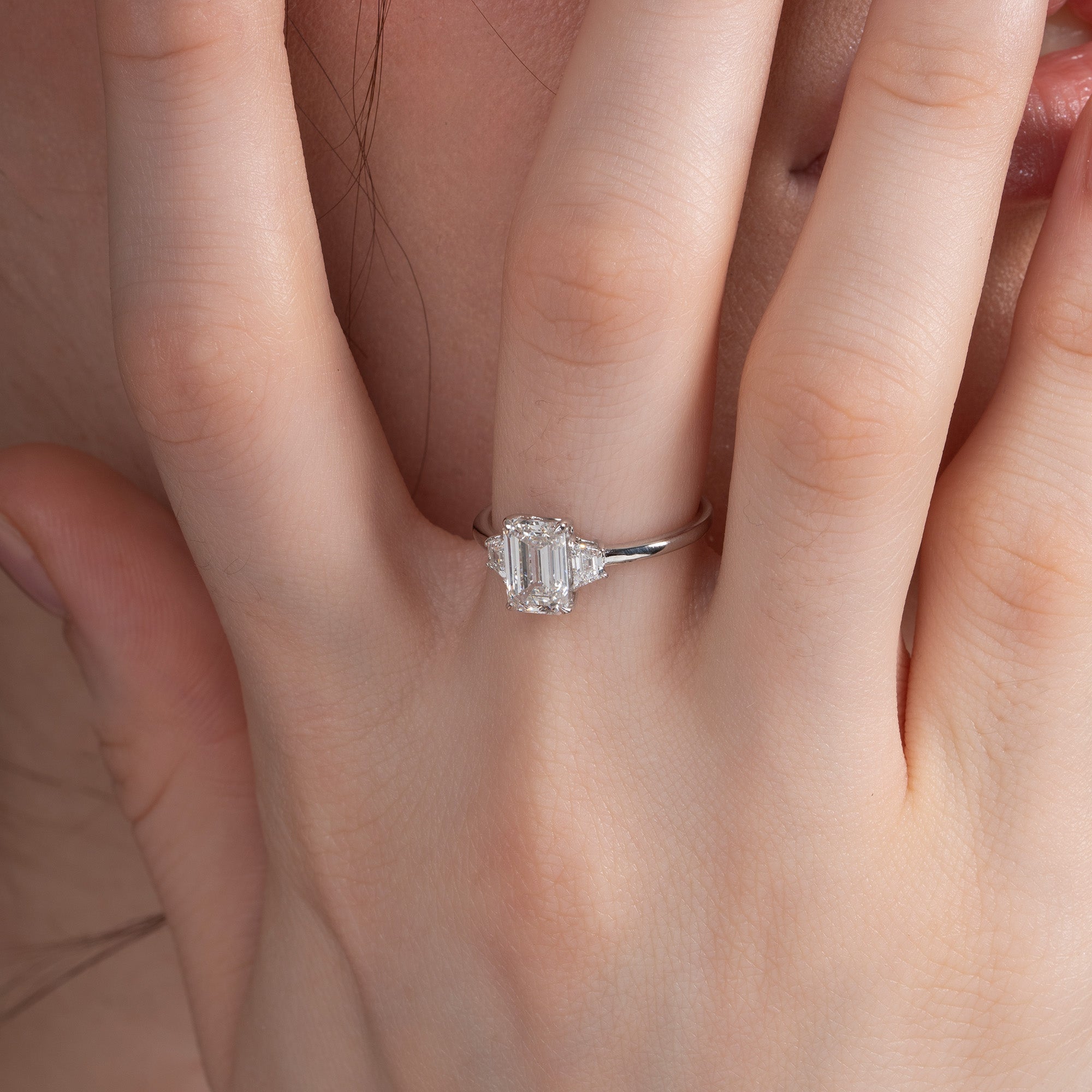 Burning Three Stone Emerald Engagement Ring