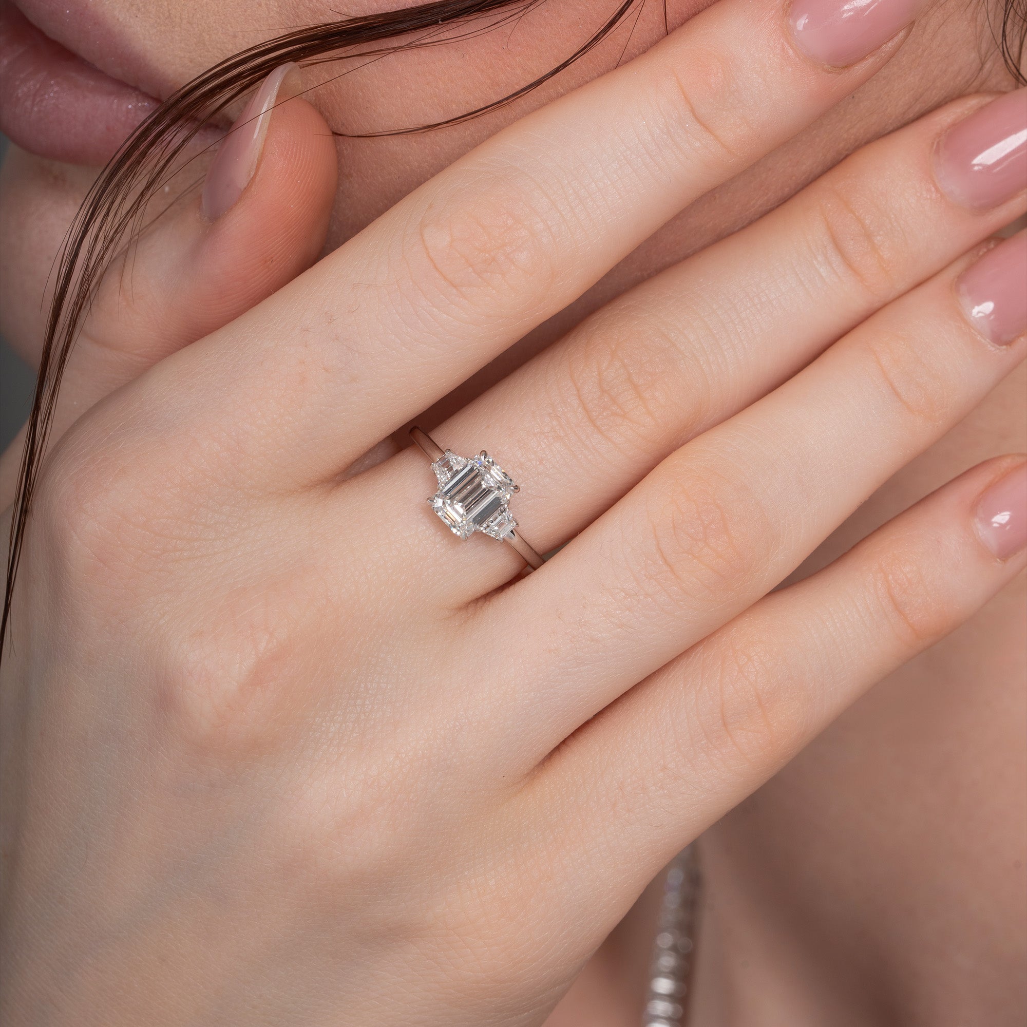 Burning Three Stone Emerald Engagement Ring