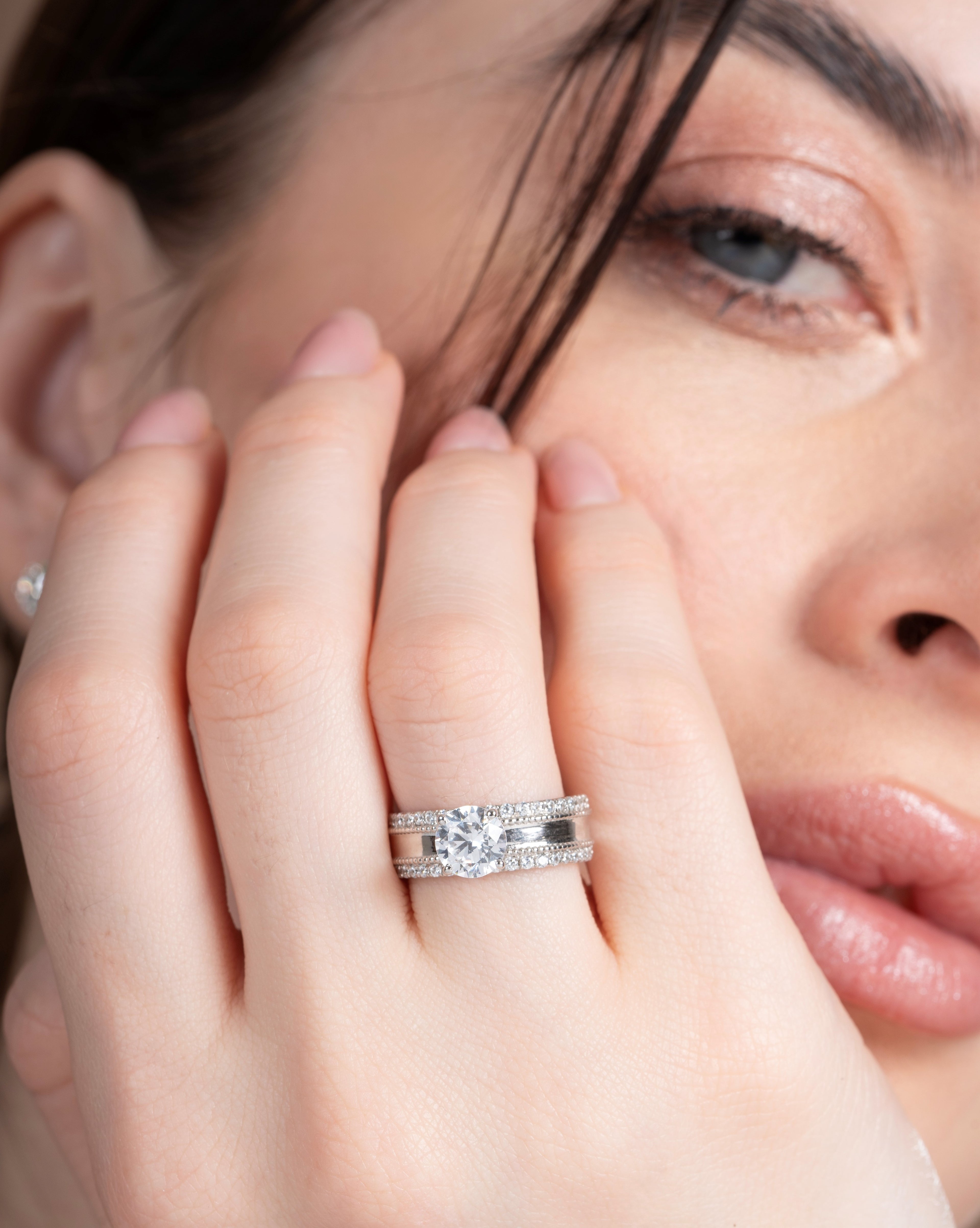 Round Lab Diamond Four Prong Ring With Wide Studded Diamond Band