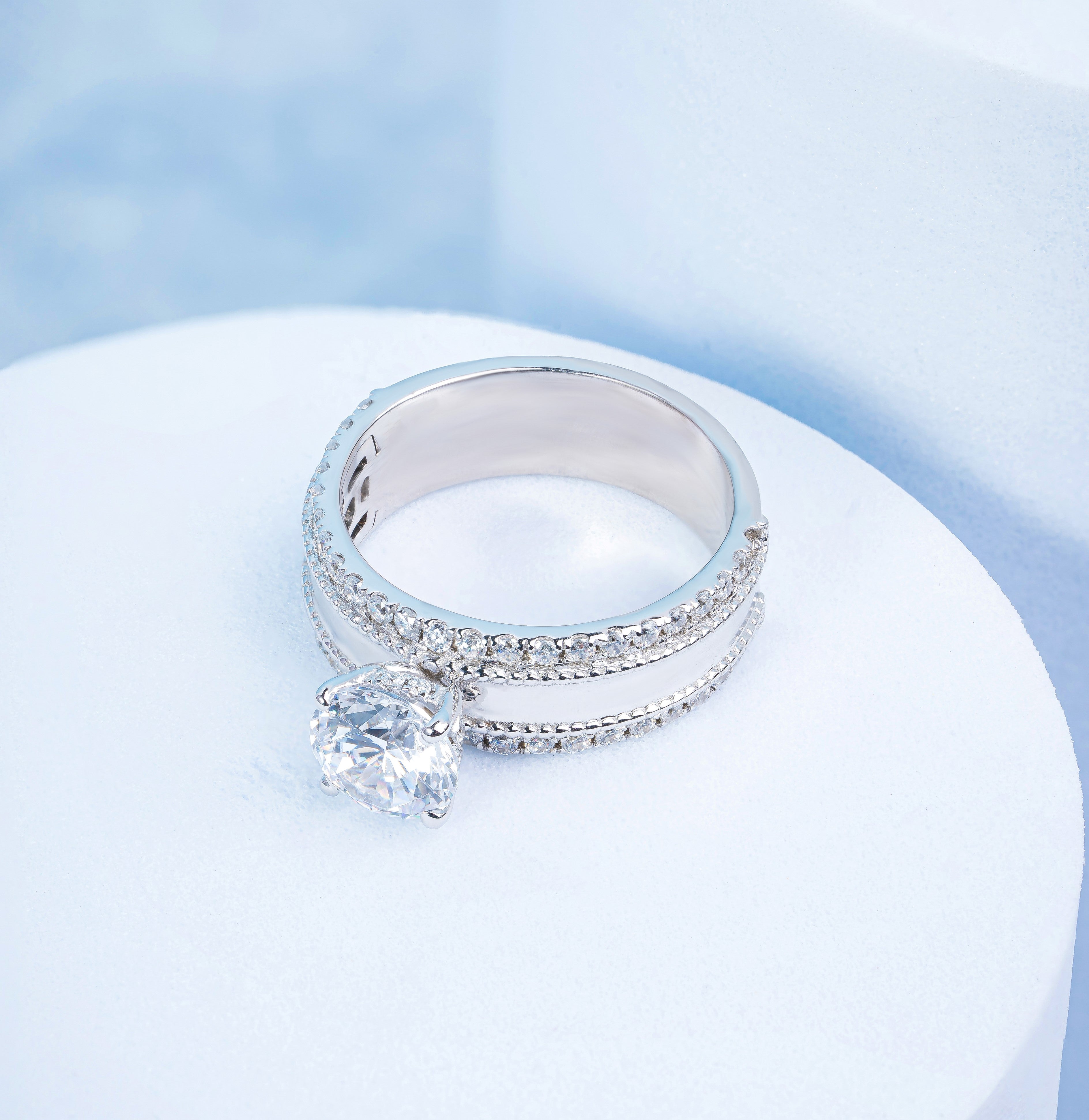 Round Lab Diamond Four Prong Ring With Wide Studded Diamond Band