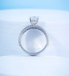 Round Lab Diamond Four Prong Ring With Wide Studded Diamond Band