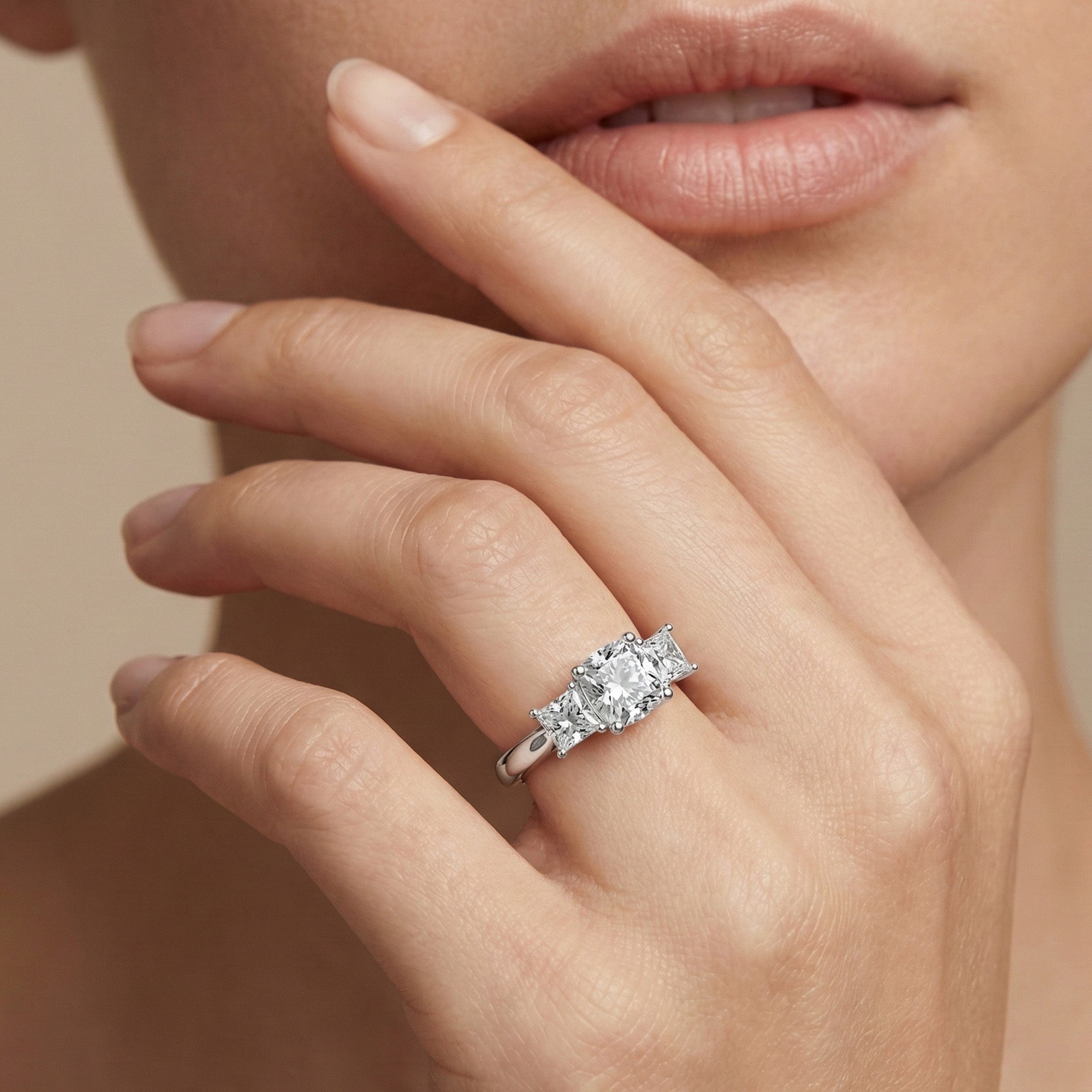 Classic Cushion Three Stone Ring